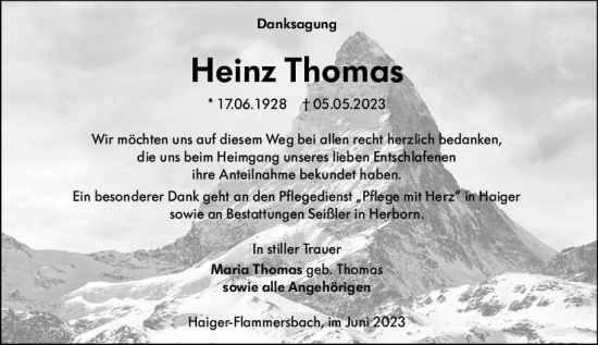 Traueranzeige von Heinz Thomas von Dill Block