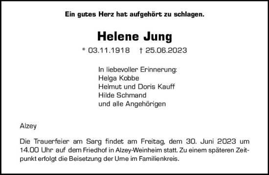 Traueranzeige von Helene Jung von Allgemeine Zeitung Alzey