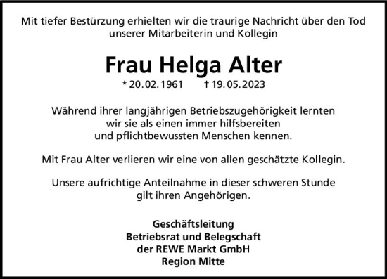 Traueranzeige von Helga Alter von Allgemeine Zeitung Mainz