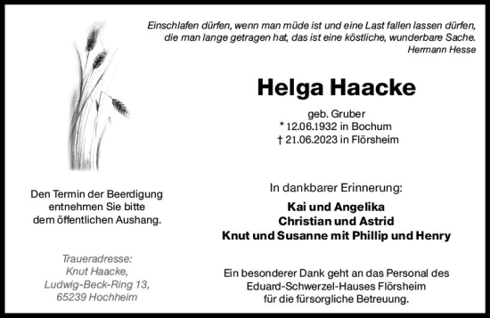 Traueranzeige von Helga Haacke von Hochheimer Zeitung