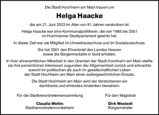 Traueranzeige von Helga Haacke von Hochheimer Zeitung