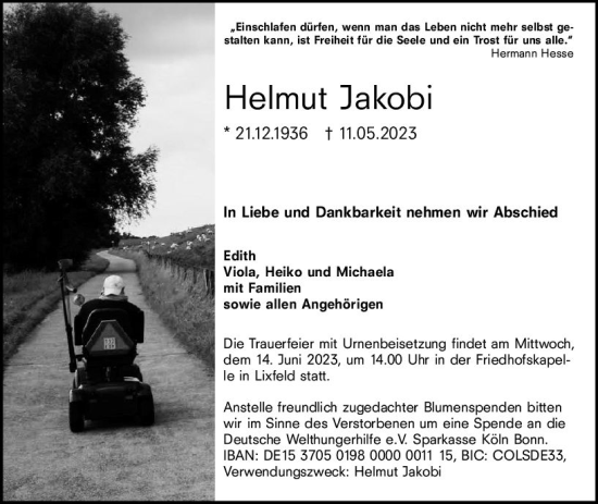 Traueranzeige von Helmut Jakobi von Hinterländer Anzeiger