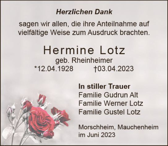 Traueranzeige von Hermine Lotz von Allgemeine Zeitung Alzey