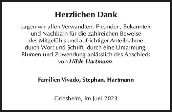 Traueranzeige von Hilde Hartmann von Darmstädter Echo