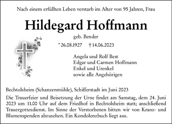 Traueranzeige von Hildegard Hoffmann von Allgemeine Zeitung Alzey