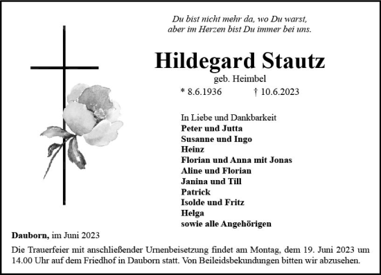 Traueranzeige von Hildegard Stautz von Camberger Anzeiger