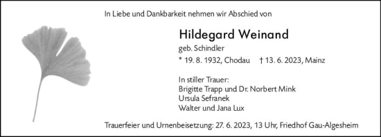 Traueranzeige von Hildegard Weinand von Allgemeine Zeitung Bingen/Ingelheim