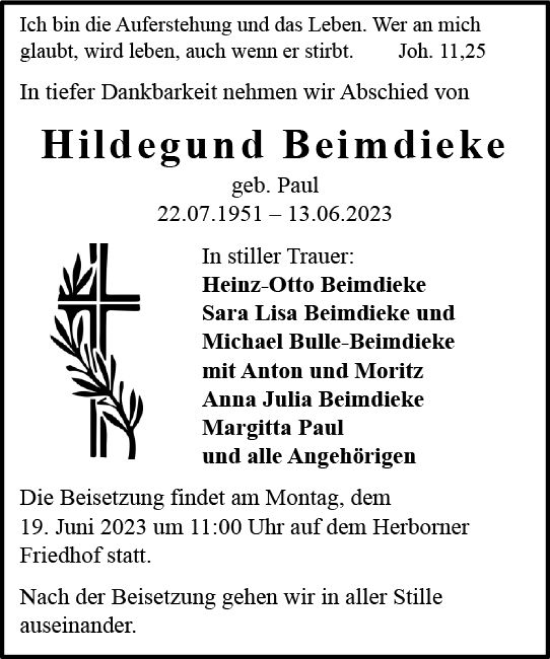 Traueranzeige von Hildegund Beimdieke von Dill Block