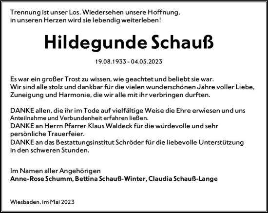Traueranzeige von Hildegunde Schauß von Wiesbadener Kurier