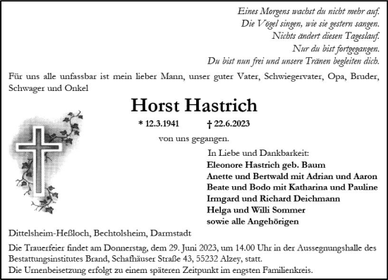 Traueranzeige von Horst Hastrich von Allgemeine Zeitung Alzey