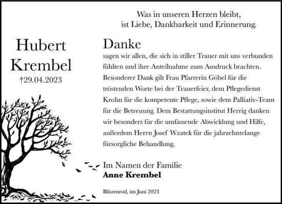 Traueranzeige von Hubert Krembel von Oberhessen Kurier