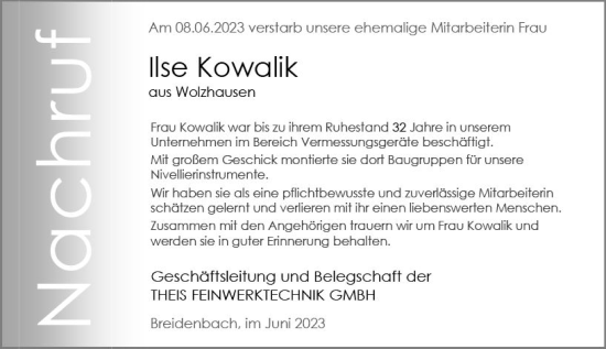 Traueranzeige von Ilse Kowalik von Hinterländer Anzeiger