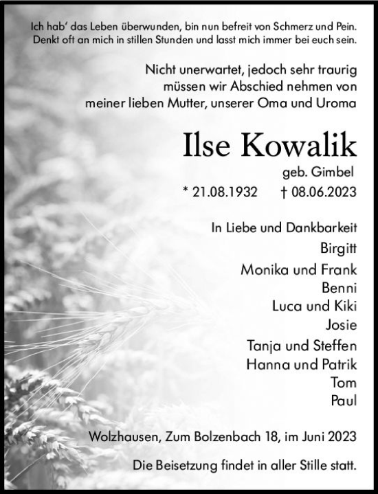 Traueranzeige von Ilse Kowalik von Hinterländer Anzeiger
