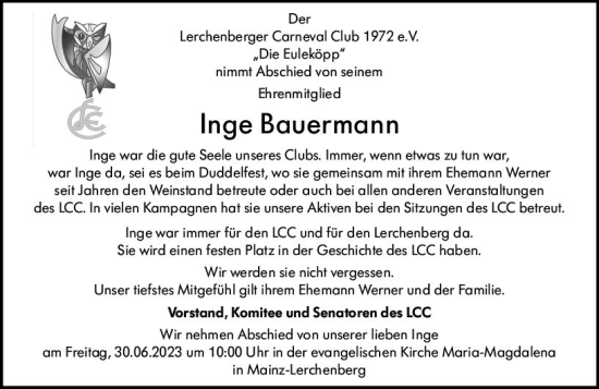 Traueranzeige von Inge Bauermann von Allgemeine Zeitung Mainz