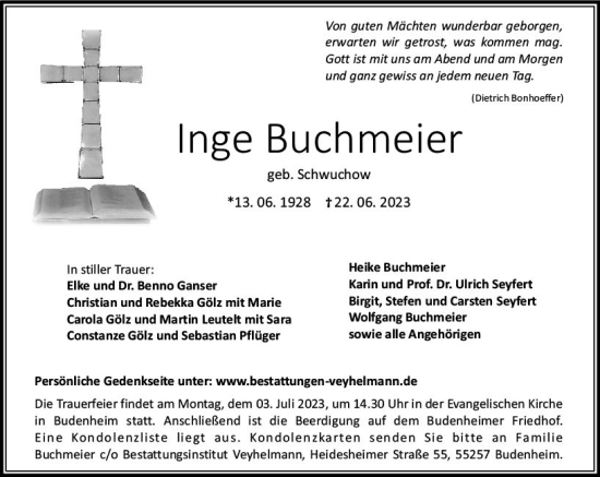 Traueranzeige von Inge Buchmeier von Allgemeine Zeitung Bingen/Ingelheim