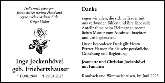 Traueranzeige von Inge Jockenhövel von Hinterländer Anzeiger