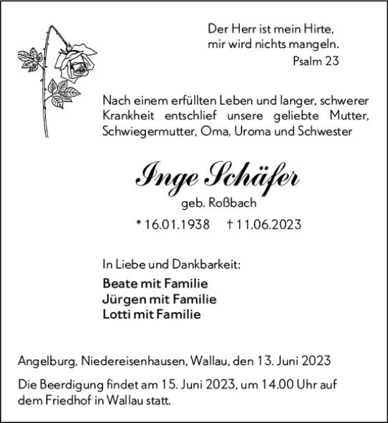 Traueranzeige von Inge Schäfer von Hinterländer Anzeiger