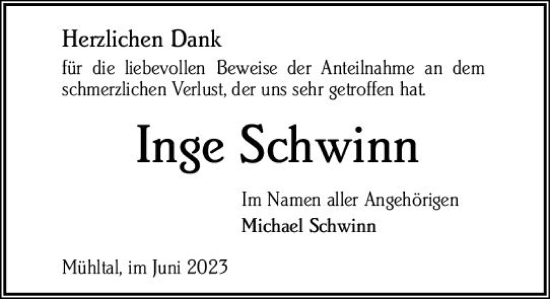 Traueranzeige von Inge Schwinn von Darmstädter Echo