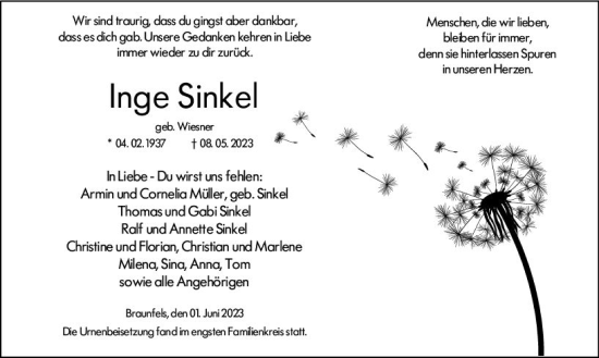 Traueranzeige von Inge Sinkel von Wetzlarer Neue Zeitung