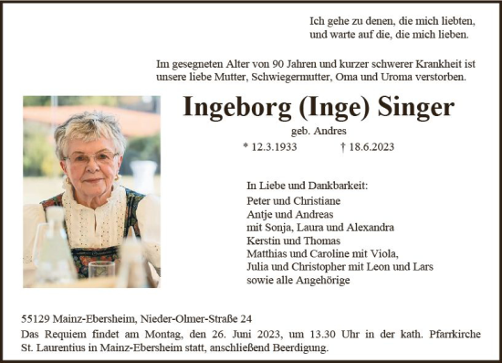 Traueranzeige von Ingeborg  Singer von Allgemeine Zeitung Mainz