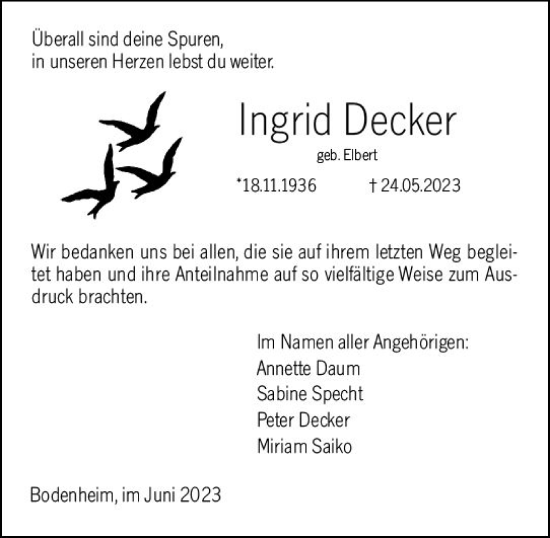 Traueranzeige von Ingrid Decker von Allgemeine Zeitung Mainz