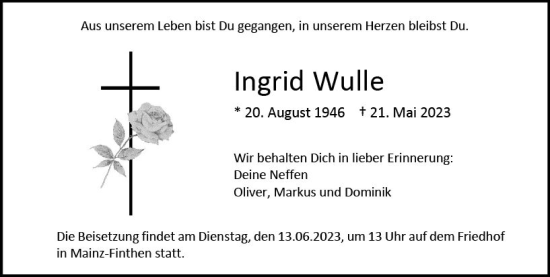 Traueranzeige von Ingrid Wulle von Allgemeine Zeitung Mainz