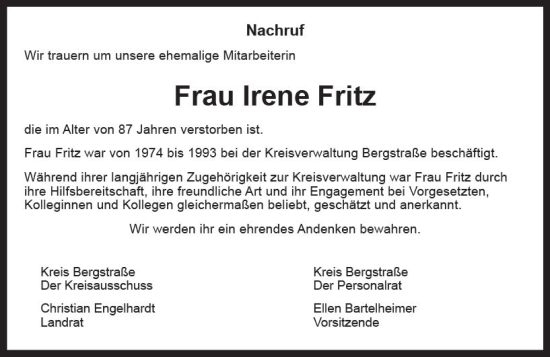 Traueranzeige von Irene Fritz von Starkenburger Echo