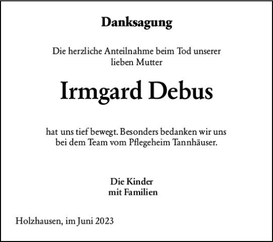 Traueranzeige von Irmgard Debus von Hinterländer Anzeiger
