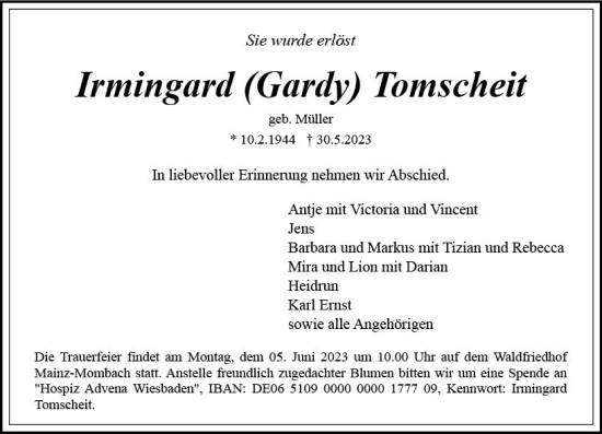 Traueranzeige von Irmingard  Tomscheit von Allgemeine Zeitung Mainz