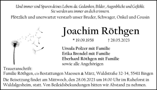 Traueranzeige von Joachim Röthgen von Allgemeine Zeitung Bingen/Ingelheim