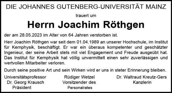 Traueranzeige von Joachim Röthgen von Allgemeine Zeitung Mainz