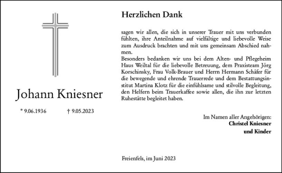 Traueranzeige von Johann Kniesner von Weilburger Tageblatt