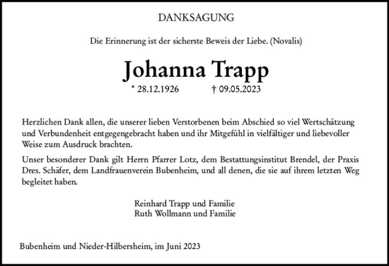 Traueranzeige von Johanna Trapp von Allgemeine Zeitung Bingen/Ingelheim