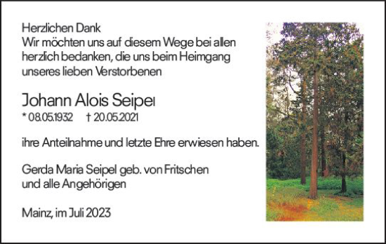 Traueranzeige von Johann Alois Seipel von Allgemeine Zeitung Mainz
