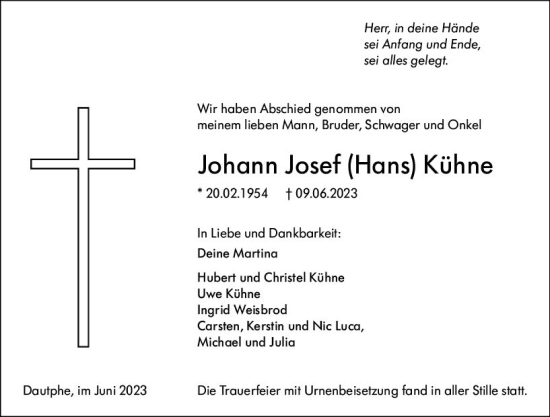 Traueranzeige von Johann Josef Kühne von Hinterländer Anzeiger