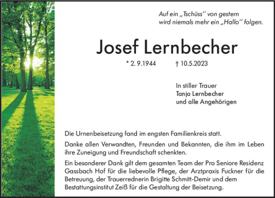 Traueranzeige von Josef Lernbecher von Starkenburger Echo