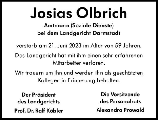 Traueranzeige von Josias Olbrich von Darmstädter Echo