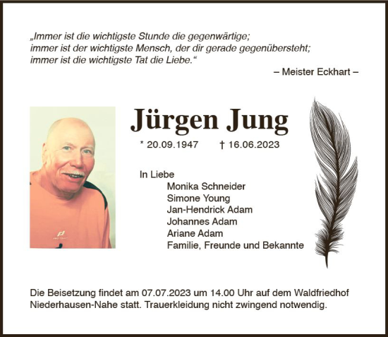 Traueranzeige von Jürgen Jung von Allgemeine Zeitung Bad Kreuznach