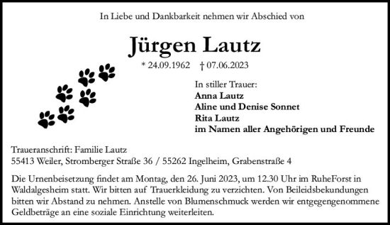 Traueranzeige von Jürgen Lautz von Allgemeine Zeitung Bingen/Ingelheim