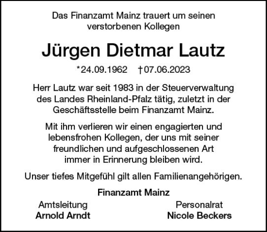 Traueranzeige von Jürgen Dietmar Lautz von Allgemeine Zeitung Bingen/Ingelheim