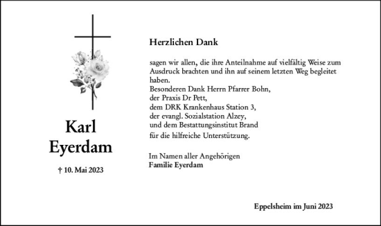 Traueranzeige von Karl Eyerdam von Allgemeine Zeitung Alzey
