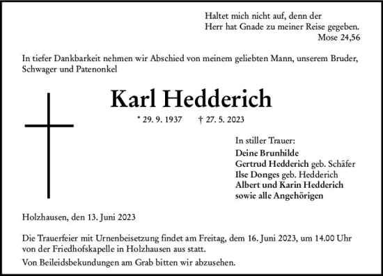Traueranzeige von Karl Hedderich von Hinterländer Anzeiger