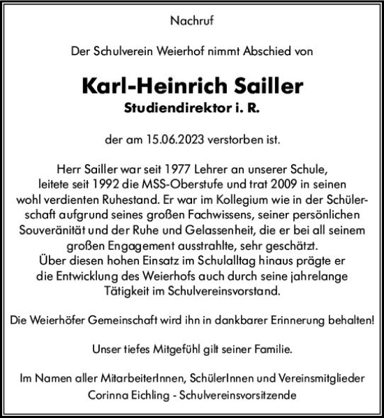 Traueranzeige von Karl-Heinrich Sailler von Allgemeine Zeitung Alzey