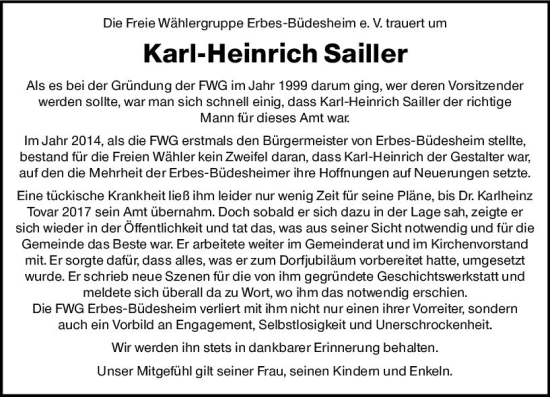 Traueranzeige von Karl-Heinrich Sailler von Allgemeine Zeitung Alzey