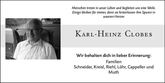Traueranzeige von Karl-Heinz Clobes von Hinterländer Anzeiger