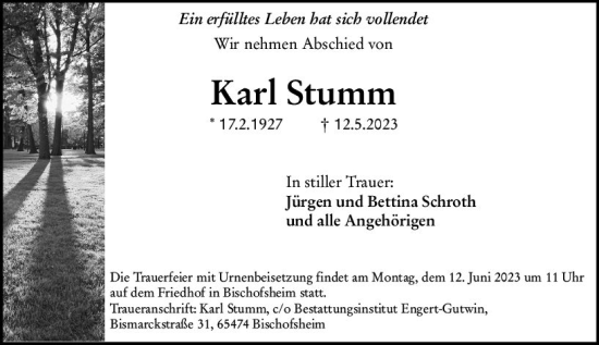 Traueranzeige von Karl Stumm von Allgemeine Zeitung Mainz