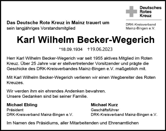 Traueranzeige von Karl Wilhelm Becker-Wegerich von Allgemeine Zeitung Mainz