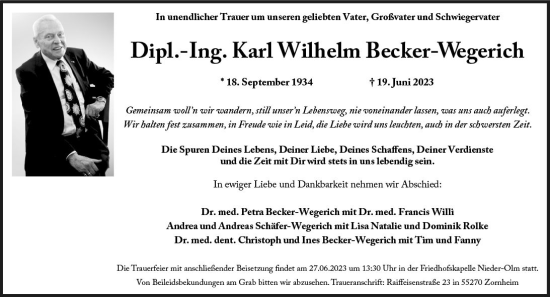 Traueranzeige von Karl Wilhelm Becker-Wegerich von Allgemeine Zeitung Mainz