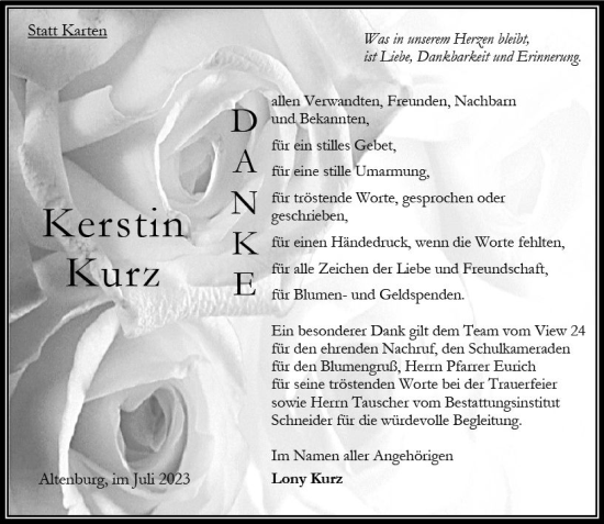 Traueranzeige von Kerstin Kurz von Oberhessen Kurier