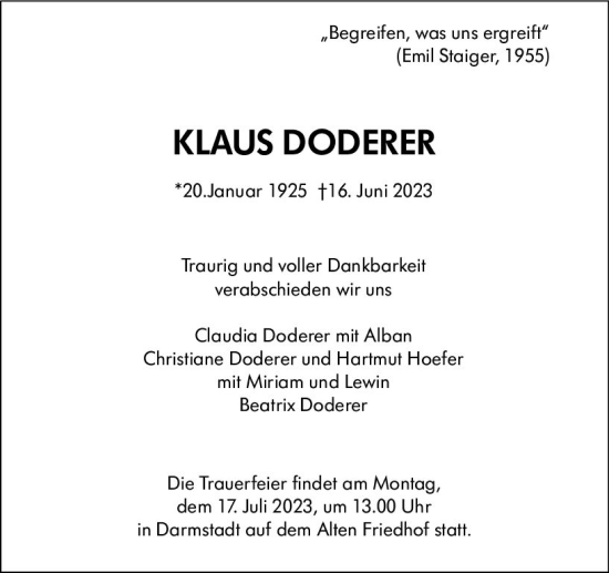 Traueranzeige von Klaus Doderer von Darmstädter Echo